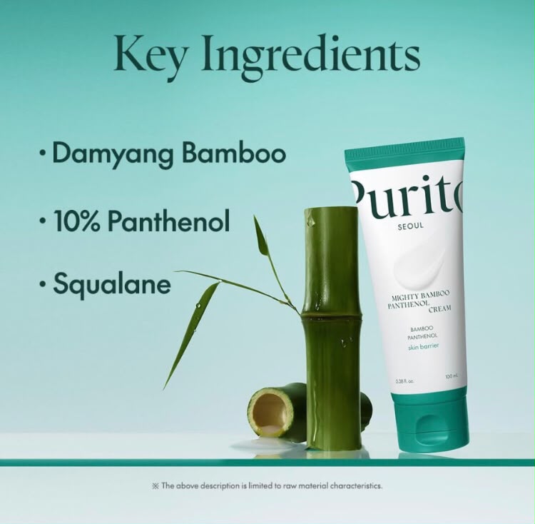 Key ingredients display featuring Damyang bamboo, panthenol, and squalane